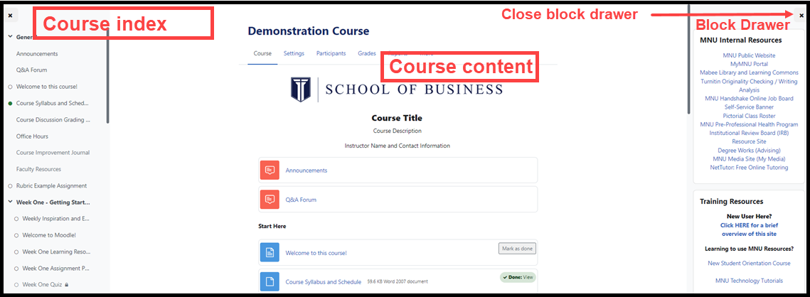 Course homepage has three sections: Course index on the left, Course content in the center and block drawer on the right.
